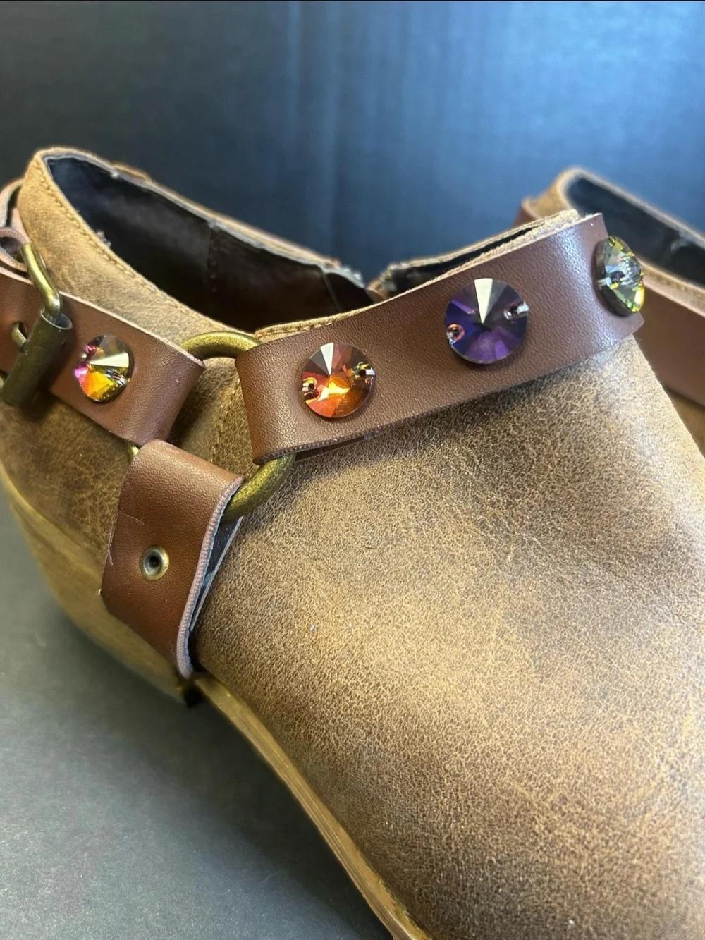 Woman’s Brown Leather Slip-On Boots with Decorative Gem Strap